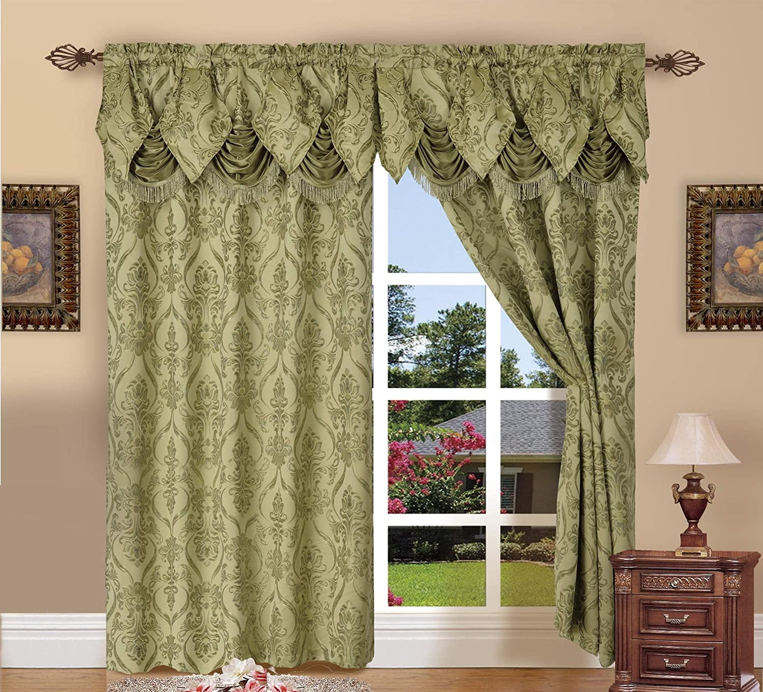 Beige Jacquard Rod Pocket Window Panel with Valance, 84 Inch