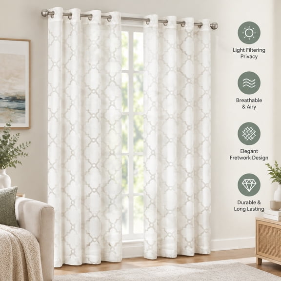 Curtain Panel with Fretwork Design, 1-Piece Window Curtain for Living Room or Bedroom, Light Filtering Drapes