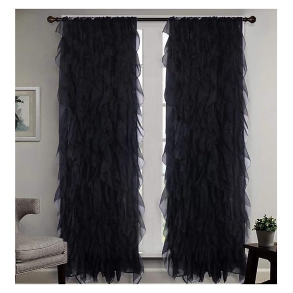 Curtain Panels - Ruffled Curtains for Bedroom, Sheer Voile Panels with Vertical Ruffles, Perfect Room Decor, , Pretty & Romantic, Ruffle Curtains 2 Panels, 63" Black