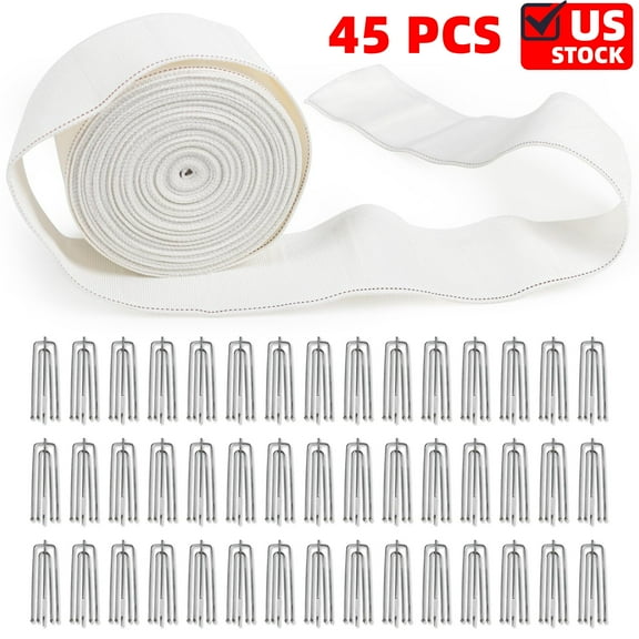 Curtain Pleat Tape - 12 Meters/13 Yards with 45 Stainless Steel 4 Prongs Hooks for DIY Pinch Pleat White