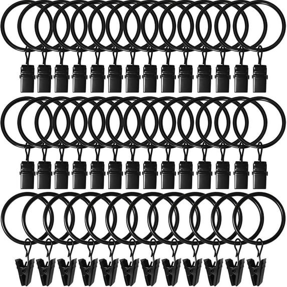 Curtain Rings with Clips, 40 Pack Hanger Clips for Hanging Drapery Drapes, Ring 1.26" Interior Diameter, Fits up to 1" Rod, Black
