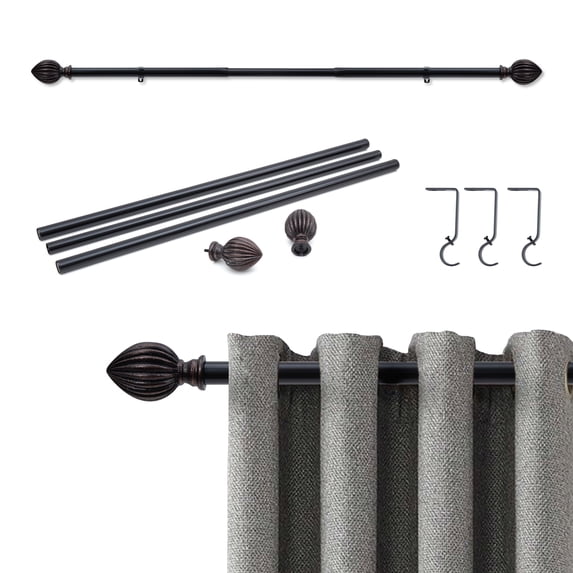 Curtain Rod 1inch Diameter Adjustable Window Curtain Rods with ball finials, 3piece brackets, hardware kits. Black 36-72 inches.