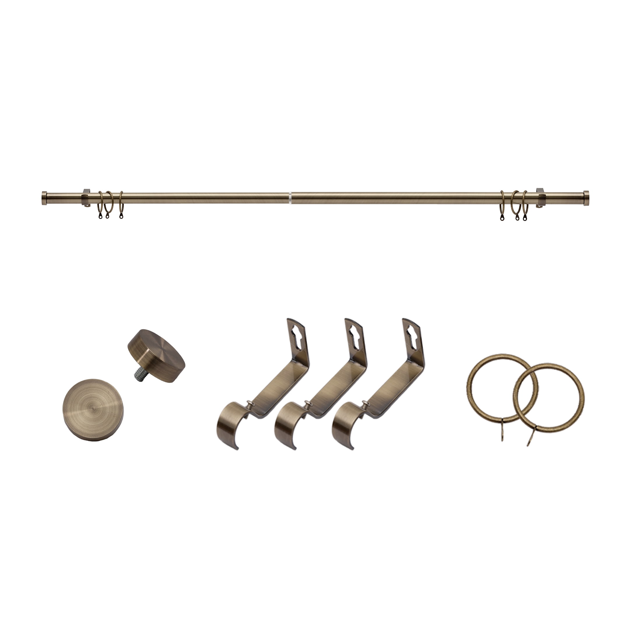 Coquilles 1 Inch Diameter Adjustable Modern Curtain Rods, Antique Brass with Cap Finials, 28-48 Inches