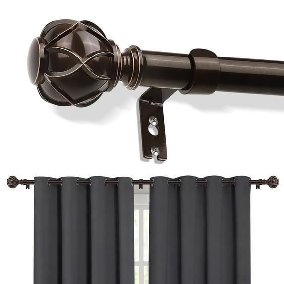 Curtain Rods, Single Curtain Rod for Windows 32 to 120 inch,1 inch Adjustable Bronze Curtain Rod Easy Installation with Modern Design, Decorative Long Drapery Rods with Brackets