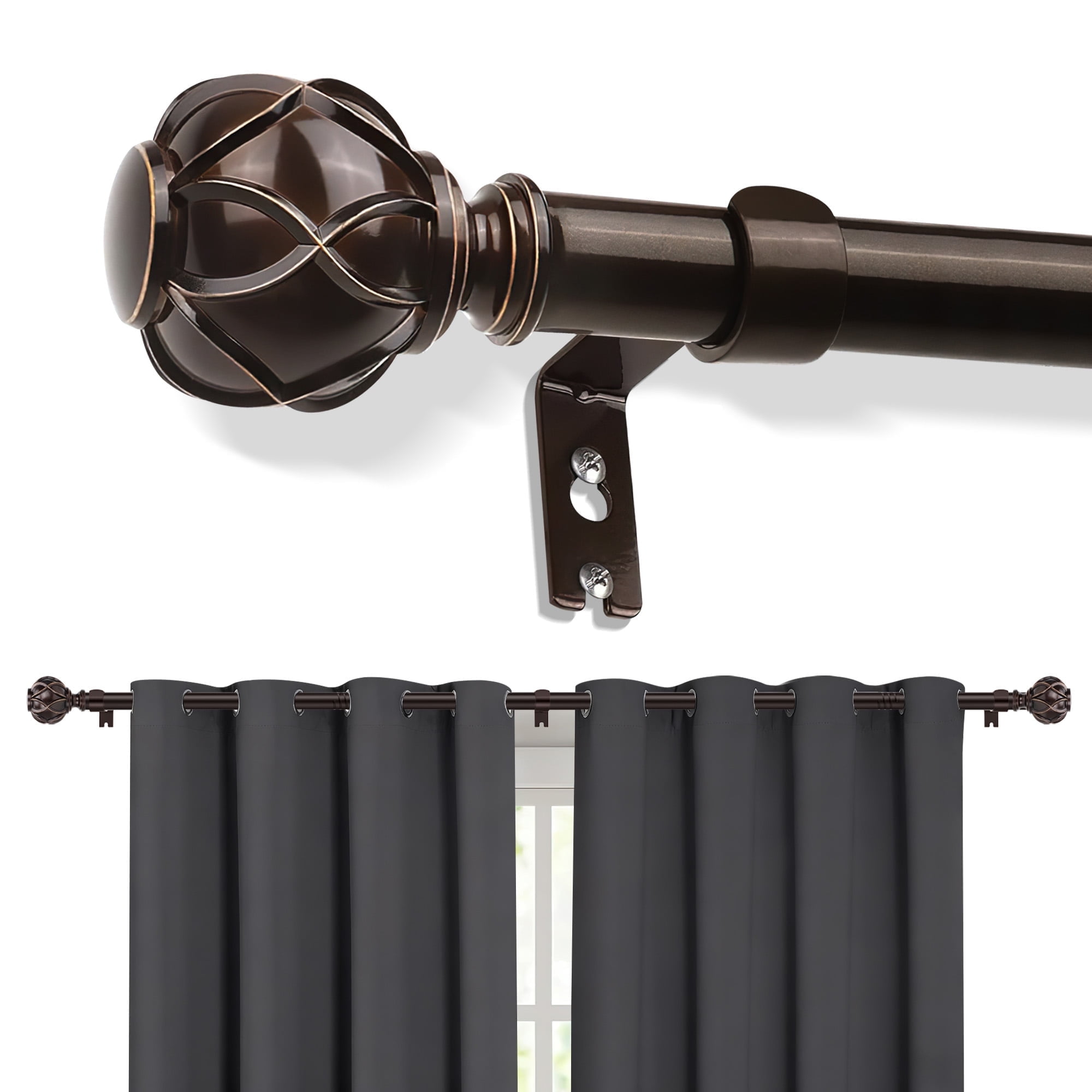 Curtain Rods, Single Curtain Rod for Windows 32 to 144 inch,1 inch Adjustable Bronze Curtain Rod Easy Installation with Modern Design, Decorative Long Drapery Rods with Brackets