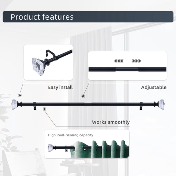 Curtain Rod Adjustable Window Curtain Rods with clear acrylic plexiglass square finials, 3piece brackets, hardware kits. Black 48-86 inches.