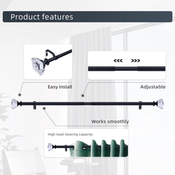 Curtain Rod Adjustable Window Drapery Rods with clear acrylic plexiglass square finials, 3piece brackets, hardware kits. Black 36-72 inches.