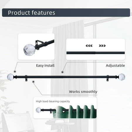 Curtain Rod Black Extendable Curtain Rod 28" to 48" Adjustable Curtain Rods Includes rods, ball finials, brackets, hardware kits