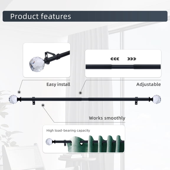 Curtain Rod Black Extendable Curtain Rod 36" to 72" Adjustable Curtain Rods Includes rods, ball finials, 3piece brackets, hardware kits