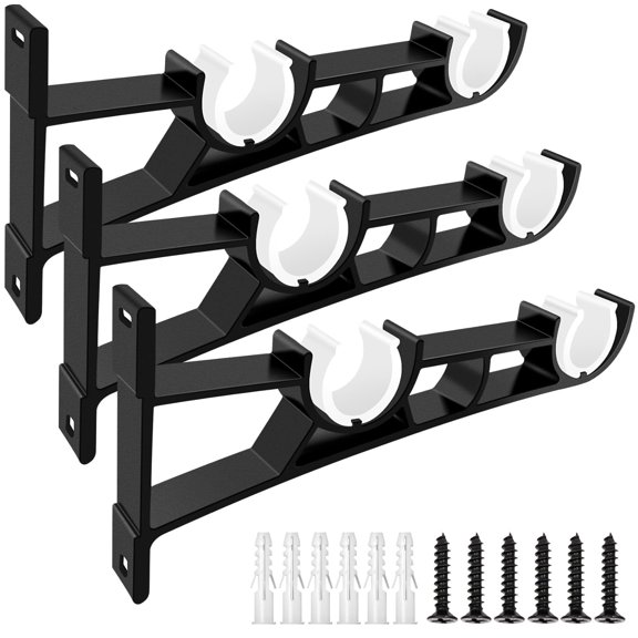 KOLAKO Curtain Rod Brackets, 3 PackDouble Curtain Rod Holder for 1 inch Rods, Heavy Duty Drapery Rod Holder, Black