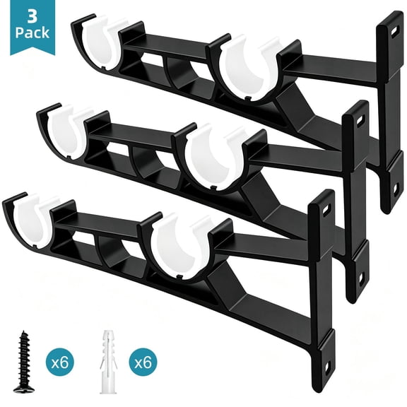 KOLAKO Curtain Rod Brackets, 3 Pack Double Curtain Rod Holder for 1 inch Rods, Heavy Duty Drapery Rod Holder, Black