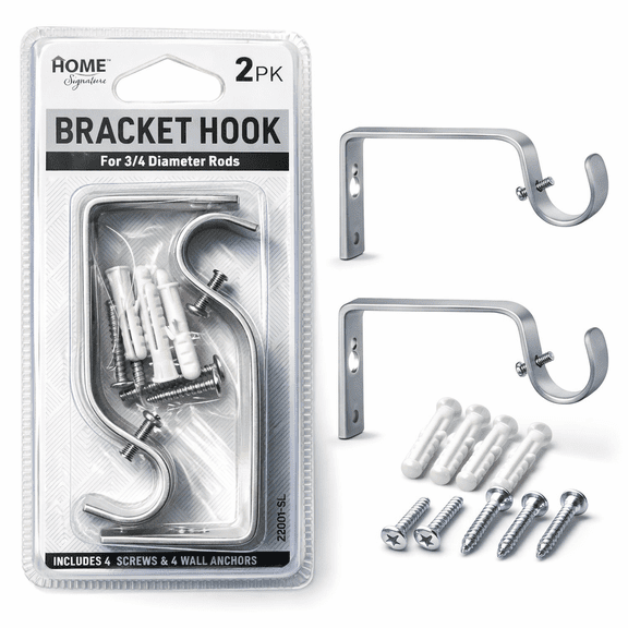 Curtain Rod Brackets for Wall Mounting, Silver Metal Holders for 3/4 Inch Curtain Rods, Window & Door Rod Bracket Set with Screws, 2 Pack