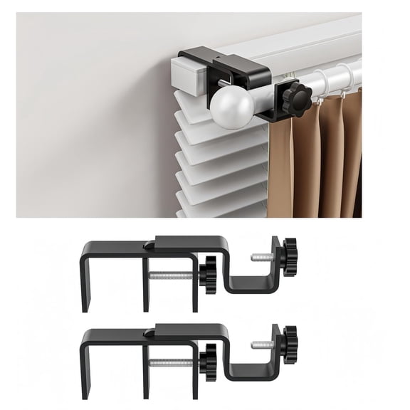 Curtain Rod Brackets 2-Pcs for Outside-Mounted Blinds No-Drill Fit 1.3-2" Headrails, Black