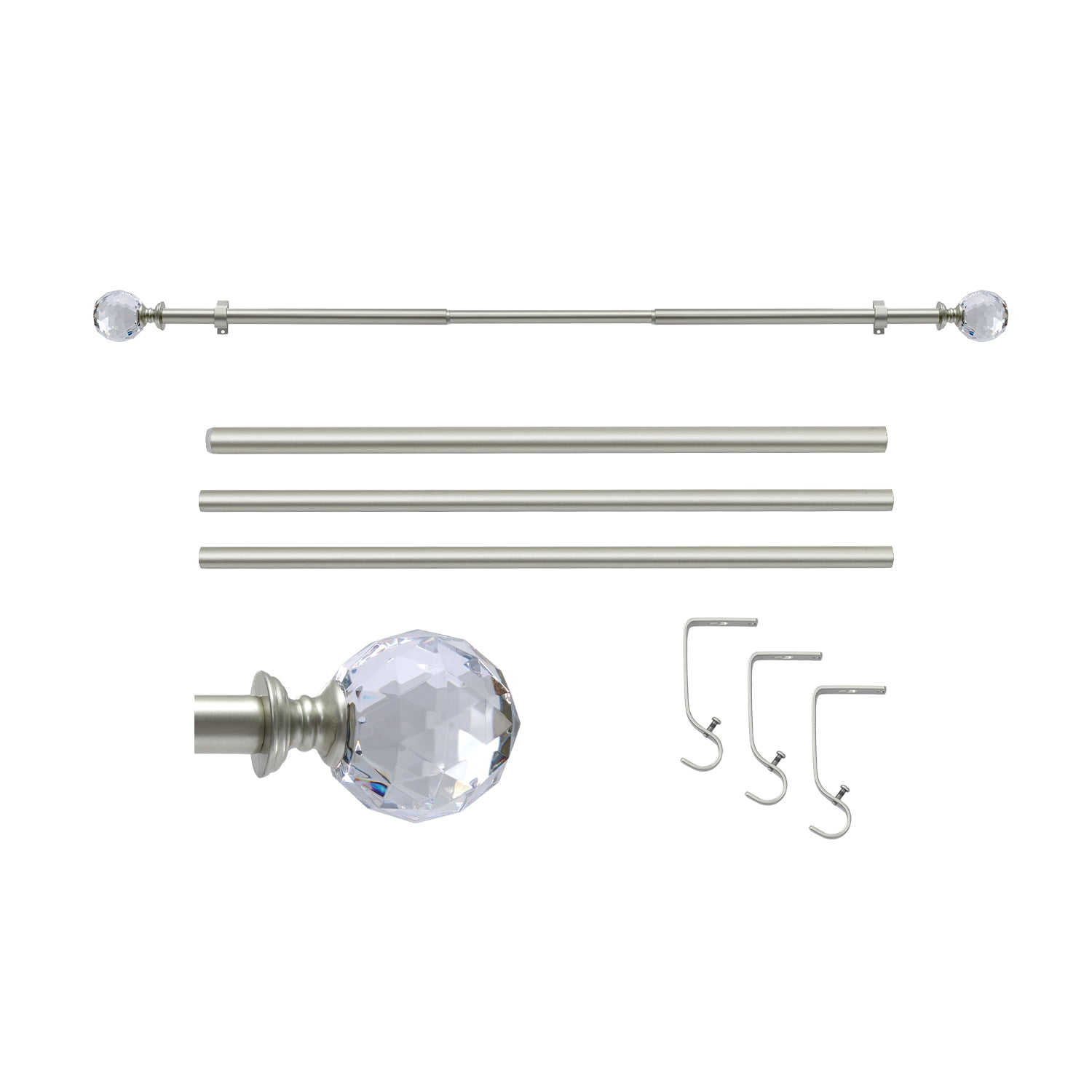 Curtain Rod Champagne Extendable Curtain Rod 48" to 120" Adjustable Curtain Rods Includes rods, ball finials, 3piece brackets, hardware kits
