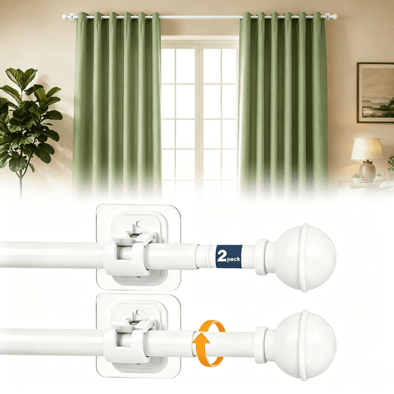 Curtain Rod No Drilling for Windows 27 to 84",Renter Friendly No Drill Adjustable Rod, 5/8 Inch Diameter Easy Install Non Screw Screwless Apartment Rods with Stick on Bracket Holder 2-Pack(white)