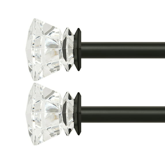 Curtain Rods 30-84" Black Adjustable drapery rod with 60mm clear square finials and 3 piece wall brackets. 2PACKS