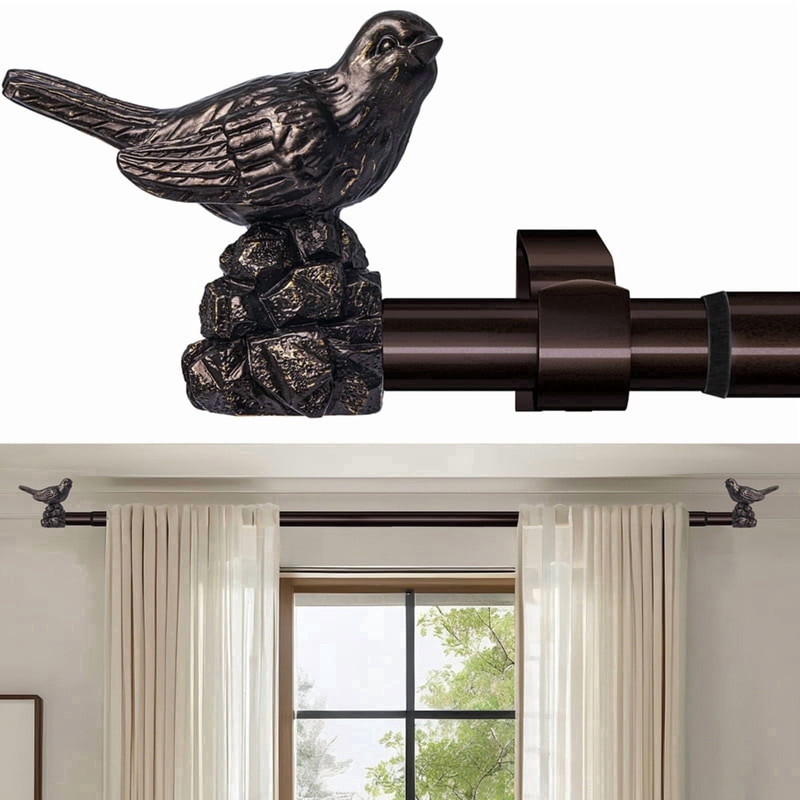 Curtain Rods 36"-120" Vintage Oil Bronze Curtain Rods for Windows Adjustable Drapery Rod with Bird Finials Heavy Duty Brown Curtains Rod for Living Room Bedroom
