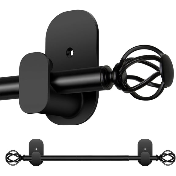 Curtain Rods No Drilling 48 to 84 Inch, 5/8 Inch Diameter No Drill Drapery Rod Set with Adhesive Brackets and Twiested Cage Finals, Bedroom Apartment Renter Friendly, Black