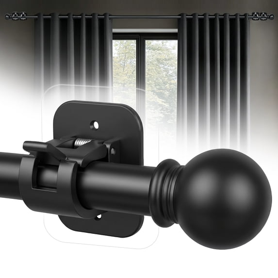 Curtain Rods No Drilling for Windows 32 to 48 Inch, 5/8 Inch Diameter Drapey Pole with No Drill Curtain Rod Brackets, Renter Friendly Cortineros Para Ventanas (Black)
