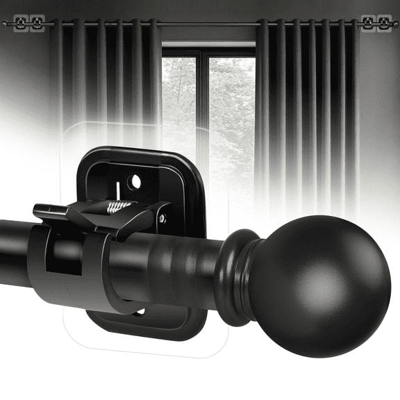 Curtain Rods No Drilling for Windows 32 to 64 Inch, 5/8 Inch Diameter Drapey Pole with No Drill Curtain Rod Brackets, Renter Friendly Cortineros Para Ventanas (Black)