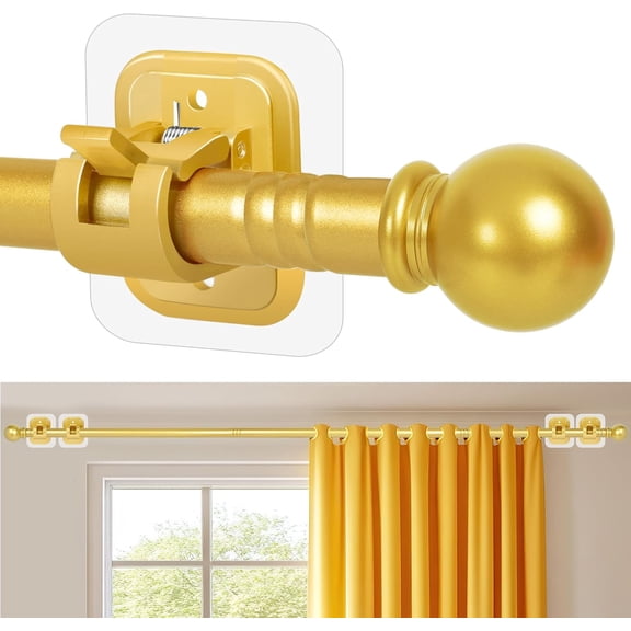 Curtain Rods No Drilling for Windows 32 to 64 Inch, 5/8 Inch Diameter Drapey Pole with No Drill Curtain Rod Brackets, Renter Friendly Cortineros Para Ventanas (Gold)