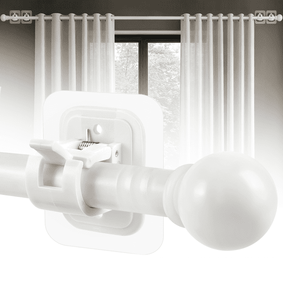 Curtain Rods No Drilling for Windows 32 to 64 Inch, 5/8 Inch Diameter Drapey Pole with No Drill Curtain Rod Brackets, Renter Friendly Cortineros Para Ventanas (White)