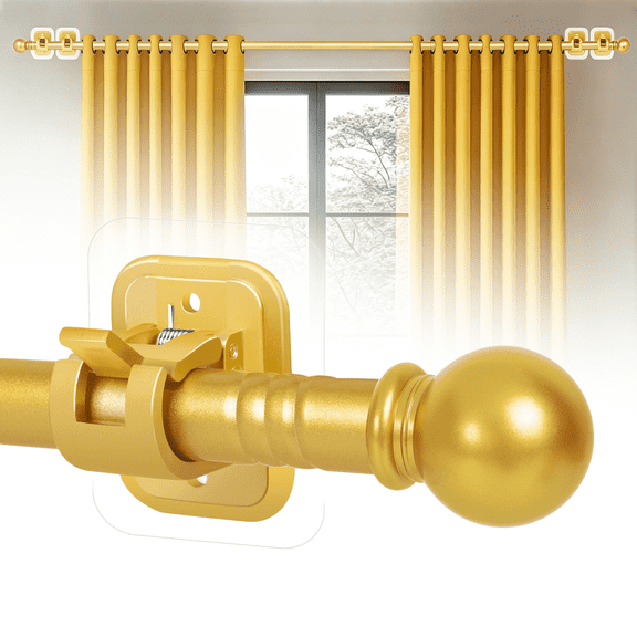 Curtain Rods No Drilling for Windows 42 Inch, 5/8 Inch Diameter Drapey Pole with No Drill Curtain Rod Brackets, Renter Friendly Cortineros Para Ventanas (Gold)