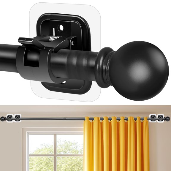 Curtain Rods No Drilling for Windows 48 to 84-96 Inch,5/8 Inch Diameter Drapey Pole with No Drill Curtain Rod Brackets,Renter Friendly Cortineros Para Ventanas with Adhesive Curtain Rod Holder Black