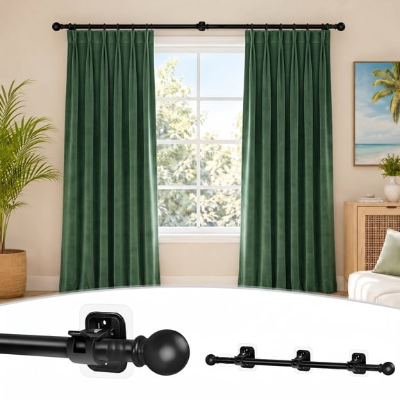 Curtain Rods No Drilling for Windows 48 to 84-96 Inch,Renter Friendly Drapey Pole with 5PCS No Drill Curtain Rod Brackets,Outdoor Long Cortineros Para Ventanas with Adhesive Curtain Rod Holder Black