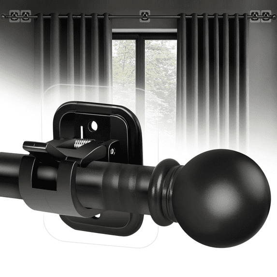 Curtain Rods No Drilling for Windows 48 to 96 Inch, 5/8 Inch Diameter Drapey Pole with No Drill Curtain Rod Brackets, Renter Friendly Cortineros Para Ventanas (Black)