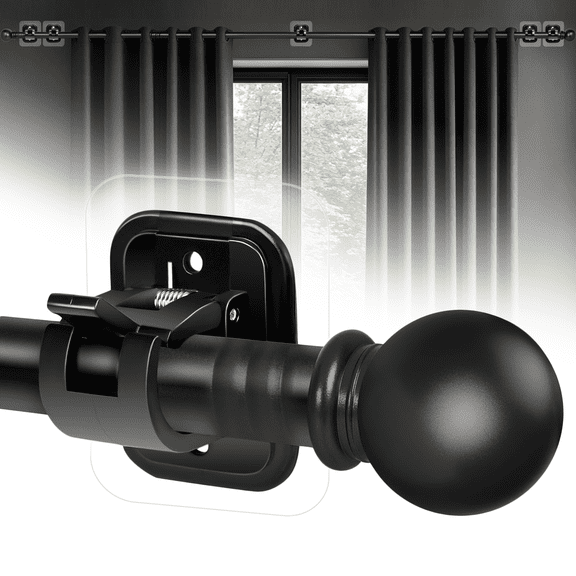 Curtain Rods No Drilling for Windows 48 to 96 Inch, 5/8 Inch Diameter Drapey Pole with No Drill Curtain Rod Brackets, Renter Friendly Cortineros Para Ventanas (Black)