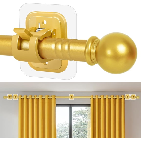 Curtain Rods No Drilling for Windows 48 to 96 Inch, 5/8 Inch Diameter Drapey Pole with No Drill Curtain Rod Brackets, Renter Friendly Cortineros Para Ventanas (Gold)