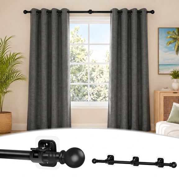 Curtain Rods No Drilling for Windows 66 to 120-128 Inch,Renter Friendly Drapey Pole with 5PC No Drill Curtain Rod Bracket,Outdoor Long Cortineros Para Ventanas with Adhesive Curtain Rod Holder Black