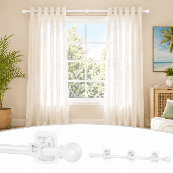 Curtain Rods No Drilling for Windows 66 to 120-128 Inch,Renter Friendly Drapey Pole with 5PC No Drill Curtain Rod Bracket,Outdoor Long Cortineros Para Ventanas with Adhesive Curtain Rod Holder white