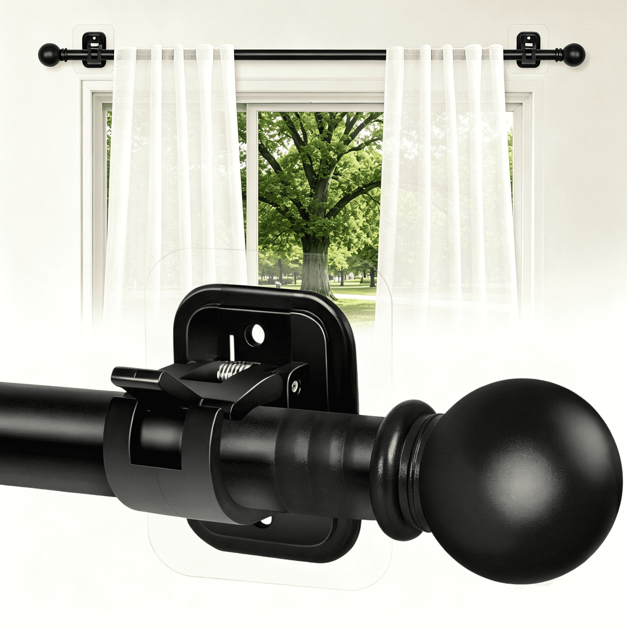 Curtain Rods No Drilling for Windows Set 32 to 48 Inch,5/8 Inch Diameter Drapey Pole with No Drill Curtain Rod Brackets,Renter Friendly Cortineros Para Ventanas with Adhesive Holder Hook (Black)