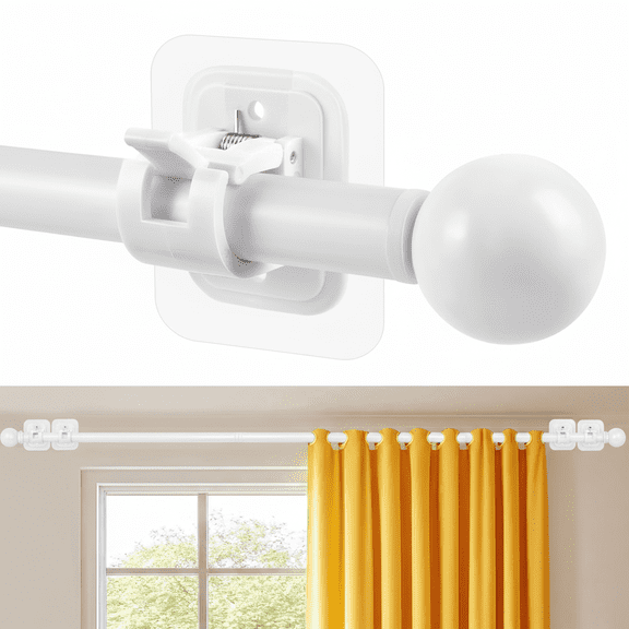 Curtain Rods No Drilling for Windows Set 32 to 48 Inch,Renter Friendly Drapey Pole with 5PC No Drill Curtain Rod Bracket,Outdoor Long Cortineros Para Ventanas with Adhesive Curtain Rod Holder white