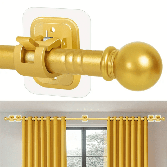 Curtain Rods No Drilling for Windows Set 32 to 64 Inch,5/8 Inch Diameter Drapey Pole with No Drill Curtain Rod Brackets,Renter Friendly Cortineros Para Ventanas with Adhesive Holder Hook (Gold)