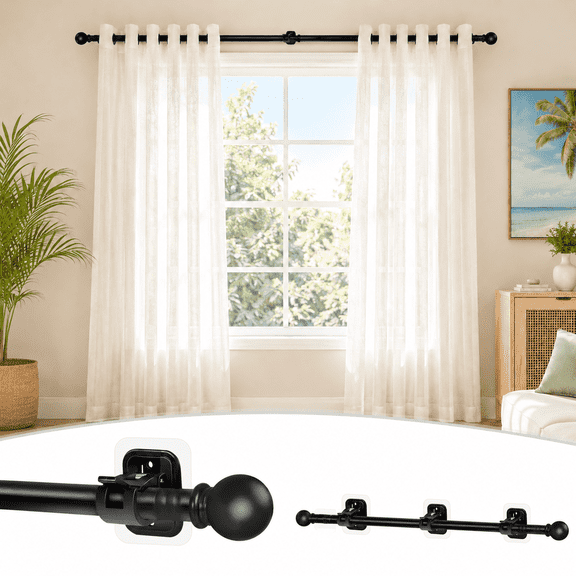 No Drill Curtain Rods for Windows, Renter Friendly Adjustable Drapery Rod Set with 5 Adhesive Curtain Rod Brackets, Heavy Duty Black Curtain Pole for Indoor Outdoor Curtains