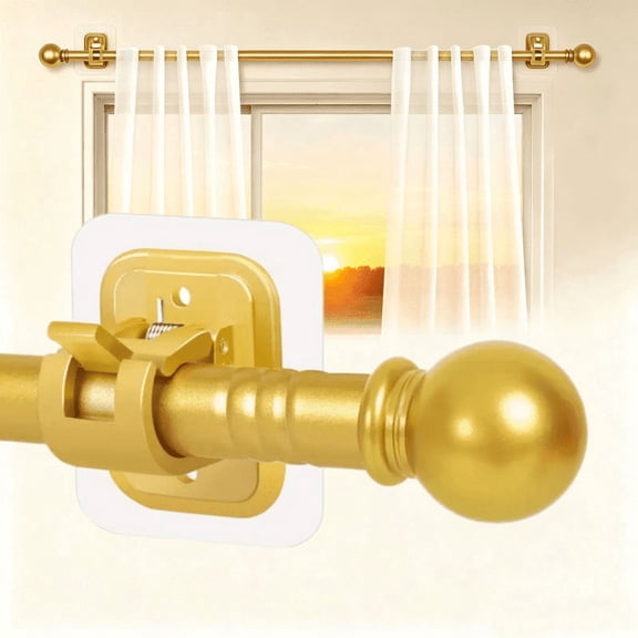 Curtain Rods No Drilling for Windows129 Inch,5/8 Inch Diameter Drapey Pole with No Drill Curtain Rod Brackets,Renter Friendly Cortineros Para Ventanas with Adhesive Curtain Rod Holder (Gold)
