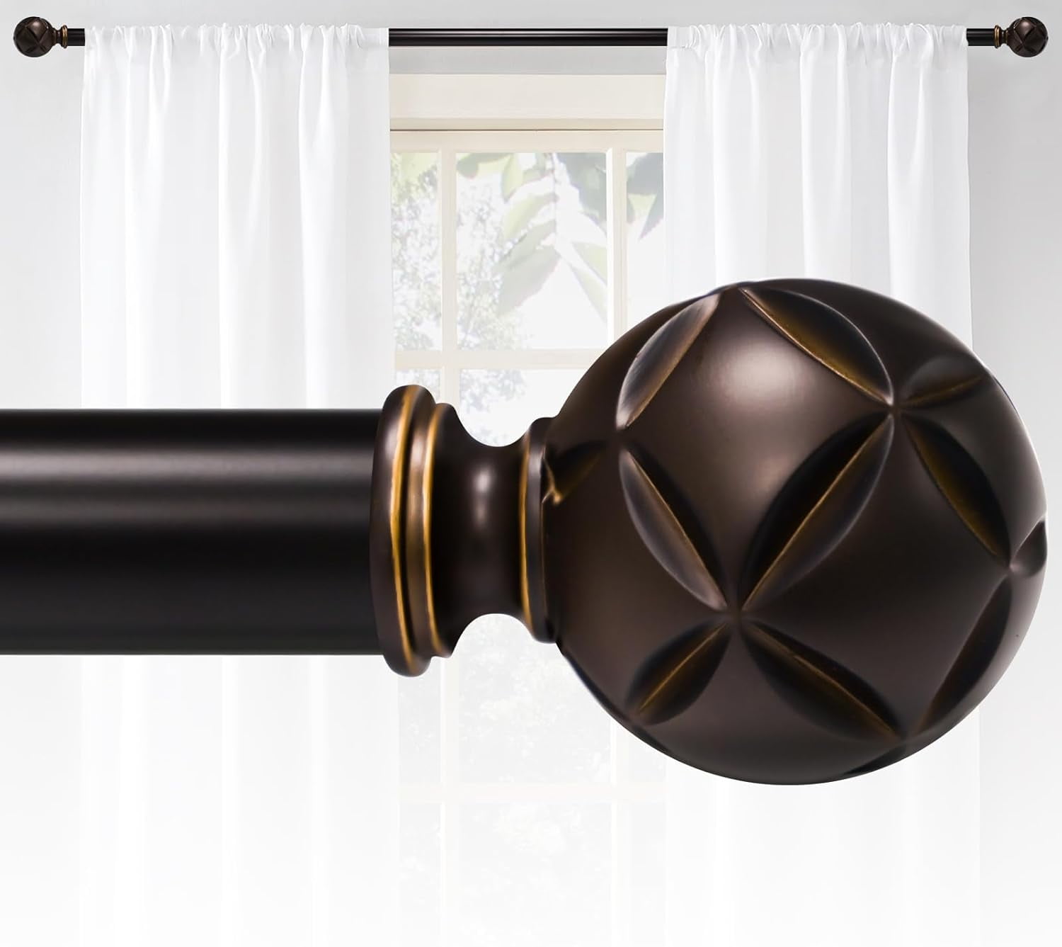 Curtain Rods For Windows 28 to 48 Inches,1 Inch Diameter Heavy-Duty Adjustable Decorative Curtain Rods With Four-Leaf Clover Carving Finials For Bedrooms & Living Rooms.Brown.Size:18-64"