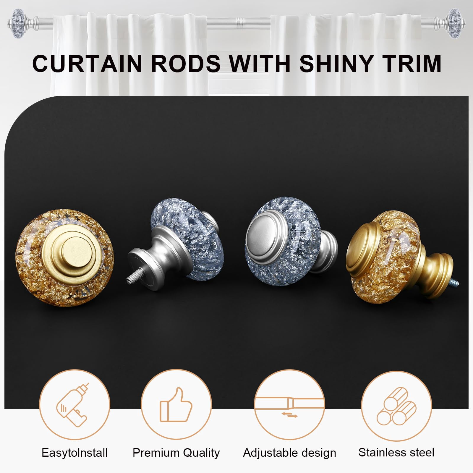 Curtain Rods For Windows 30 To 41 Inch  Decorative Vintage Crystal 1'' Diameter Rod With Foil Finials Adjustable Heavy Duty Easy Install Drapery Pole Farmhouse Bedroom
