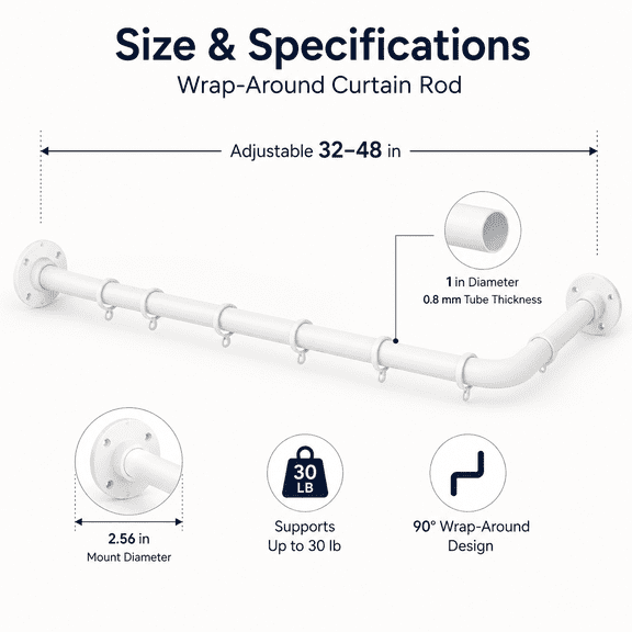 Curtain Rods for Windows 32 to 48 Inch, 1 Inch Industrial Wrap Around Curtain Rod, Adjustable Indoor Outdoor Drapery Pole, Wall or Ceiling Mount Curtain Rod, White