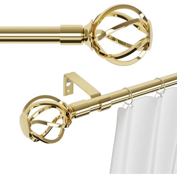 Curtain Rods for Windows 48 to 88 inch with Cage Finials, Gold Curtain Rod Set with Brackets, Decorative Adjustable Curtain Rods for Bedroom, Living Room, Heavy Duty 5/8" Diameter Drapery Rod