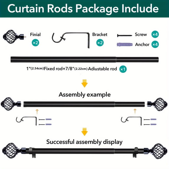 Curtain Rods For Windows, Modern Decorative Brass Drapery Rods, Heavy Duty Curtain Rods, Black Curtain Rods For Bedroom, Living Room, Patio, Kitchen, Farmhouse, Adjustable Easy Install Curtain Rods
