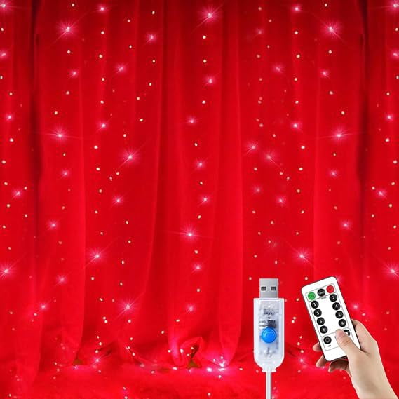 Curtain String Lights 3m x 2m 200LED, Red USB Powered Fairy Lights with ...