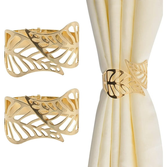 Curtain Tie Backs, 2Pcs Metal Creative Curtain Rope Buckles Decorative Hollow Leaf Curtain Tiebacks Spring Drape Holder Clip for Home Office (Gold)