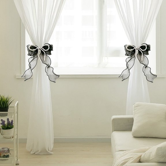Curtain Tiebacks, 2 Pack Bow Curtain Tiebacks, French Silky Lace Ribbon Curtain Holdbacks with White Pearl, Decorative Curtain Rope Hooks for Bedroom Living Room Window, Wedding Party Home Decor
