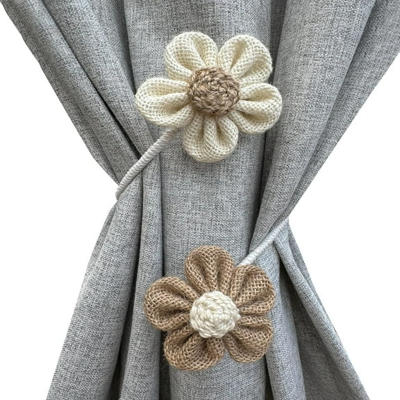 Curtain Tiebacks for Curtains Boho Holdbacks for Drapes, Farmhouse Jute Rope Tie Backs with Flower Decor, Window Curtain Accessories Holders for Indoor Outdoor Use, Set of 4