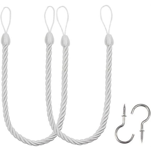 Curtain Tiebacks Ropes, 2pcs Decorative Handmade Tie Backs Curtain Holdbacks Holders Cord for Window Sheer Drapes Indoor Outdoor with 2 Metal Screw Hooks