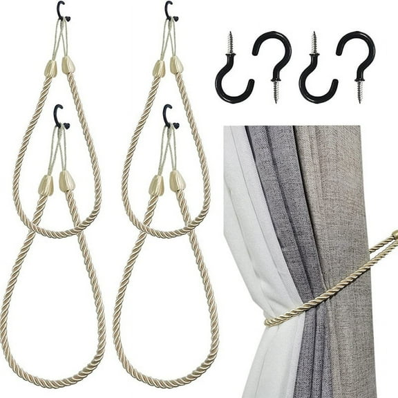Curtain Tiebacks Ropes 4 Pack, Curtain Holdbacks with 4 Metal Screw Hooks,Holders Cord for Thin or Thick Window Drapes A